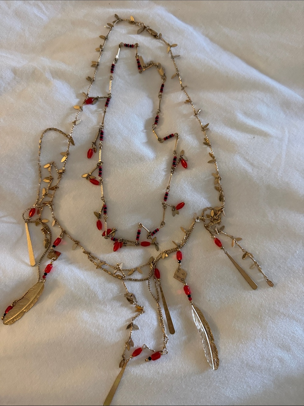 Zara Gold-Tone Necklace with Red Beads and Feather Charms